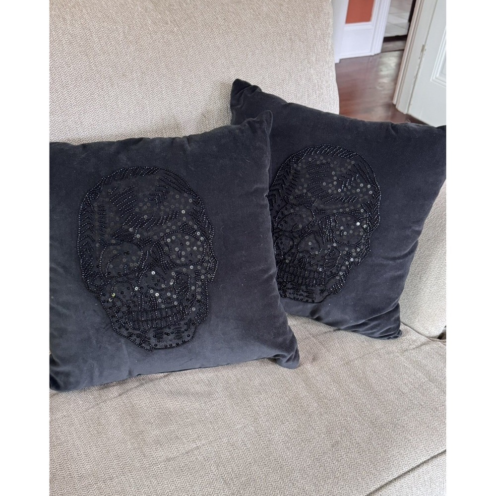 Two Black Velvet Beaded Skull Pillows‎ Jet Black 18 x 18" Gothic Halloween Decor